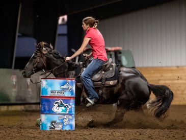 Woman barrel racing on a black horse indoors.