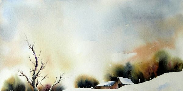 Tree in Snow. Watercolour painting by Graham Kemp.