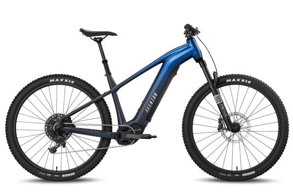 Sleek blue Newton electric mountain bike with robust Maxxis tires.