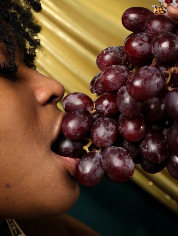 Person about to bite into a bunch of ripe purple grapes.