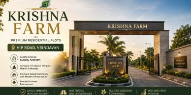 Entrance gate of Krishna Farm residential plots in Vrindavan.