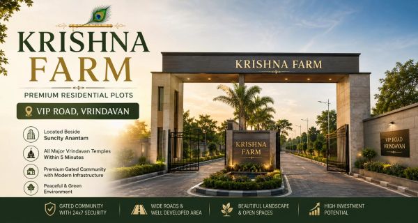 Entrance gate of Krishna Farm residential plots on VIP Road, Vrindavan.