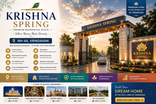Advertisement for Krishna Spring residential plots in Vrindavan.