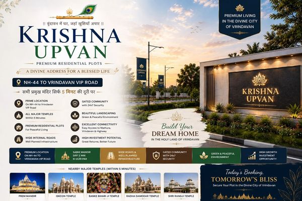Krishna Upvan premium residential plots near Vrindavan VIP Road with great amenities.