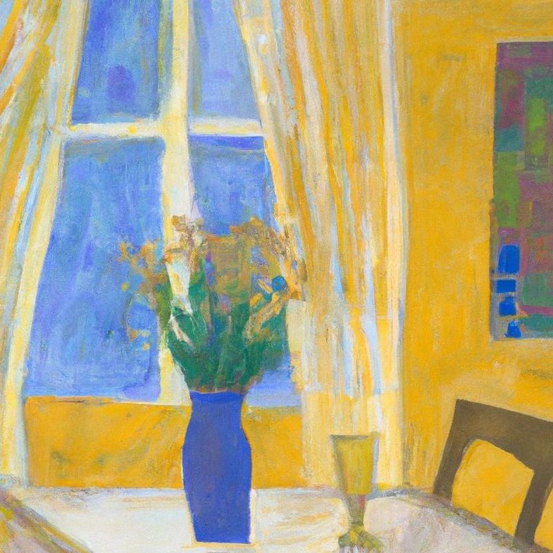 Painting of a blue vase with yellow flowers in a yellow dining room
