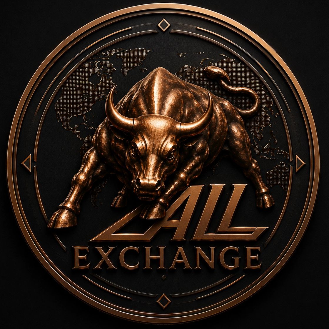 Logo metálico de touro com texto "ALL EXCHANGE".