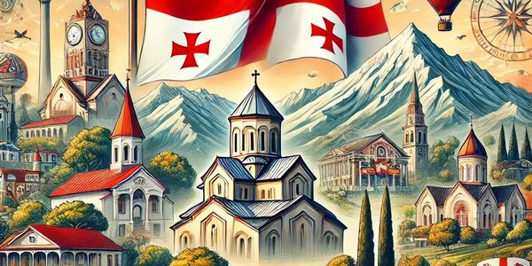 AI geniertes Bild das Georgiens Landschaft zeigt mit Kirchen, Bergen(Kaukasus) und einer Fahne.