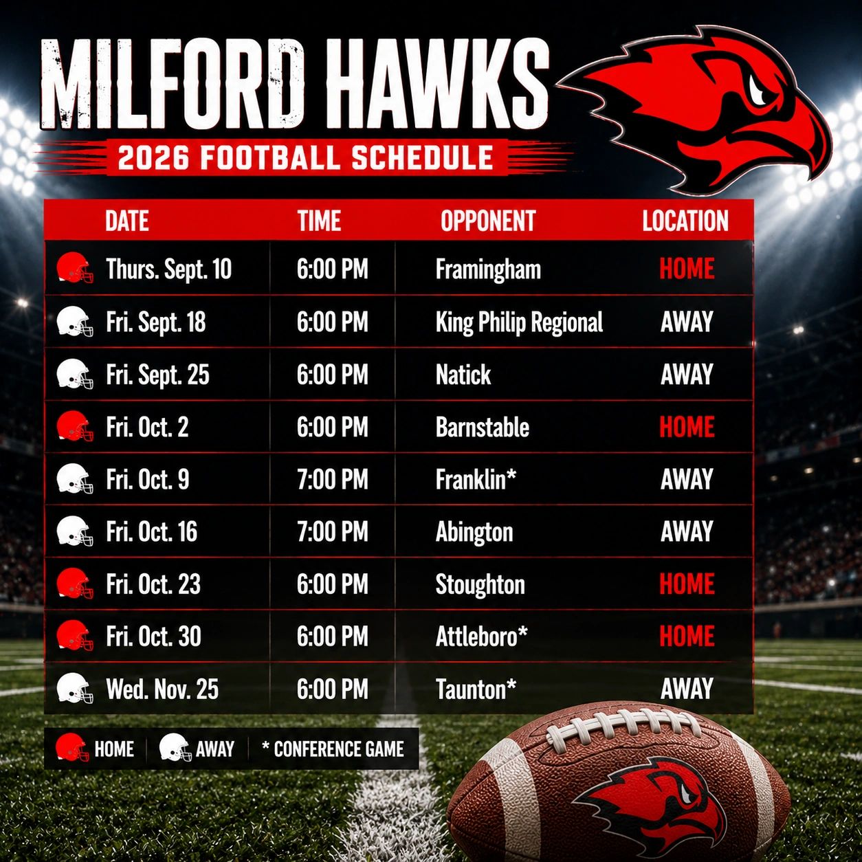 Milford Hawks 2026 football schedule with dates, opponents, times, and locations.