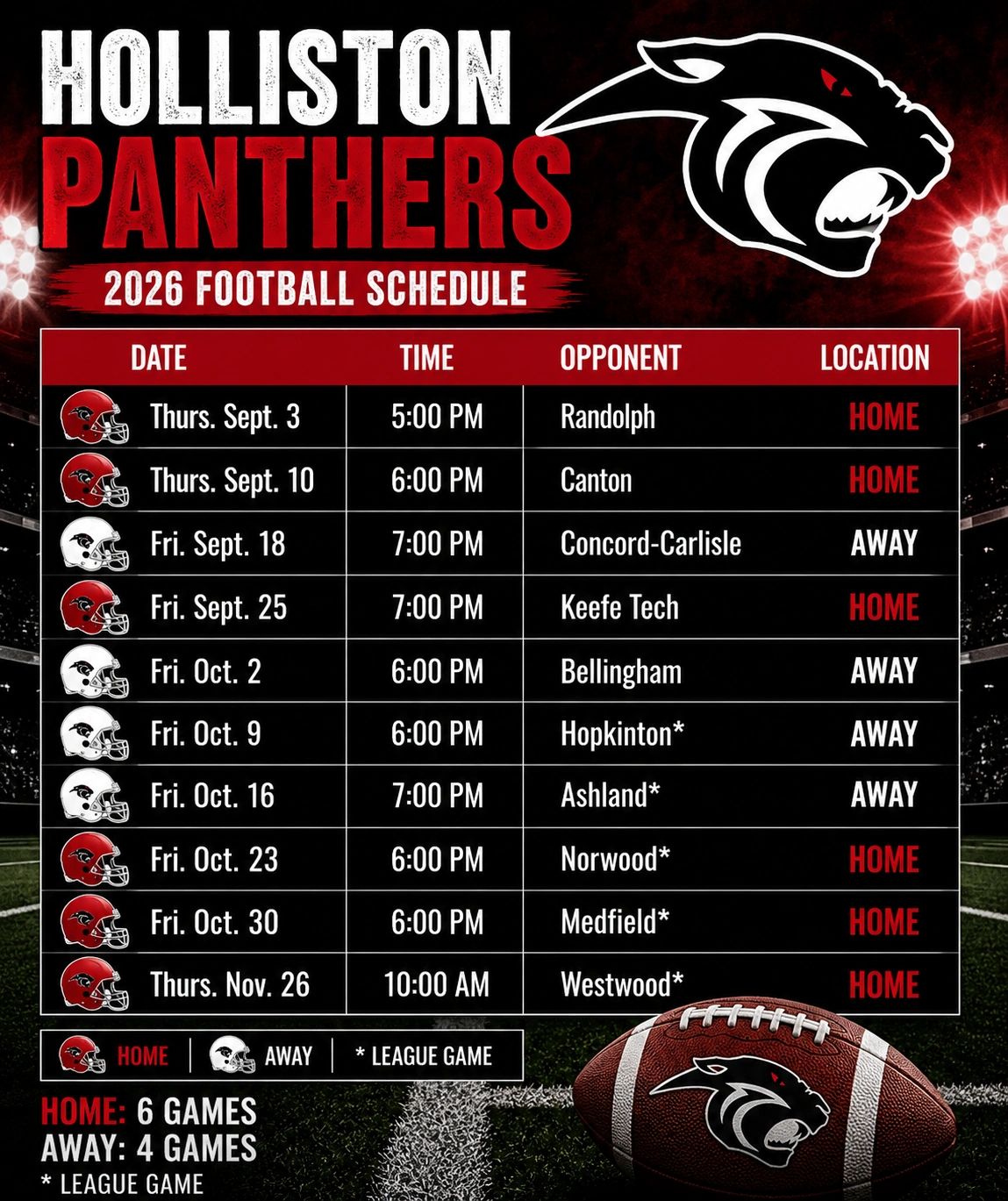 Holliston Panthers 2026 football schedule with dates, opponents, times, and locations.