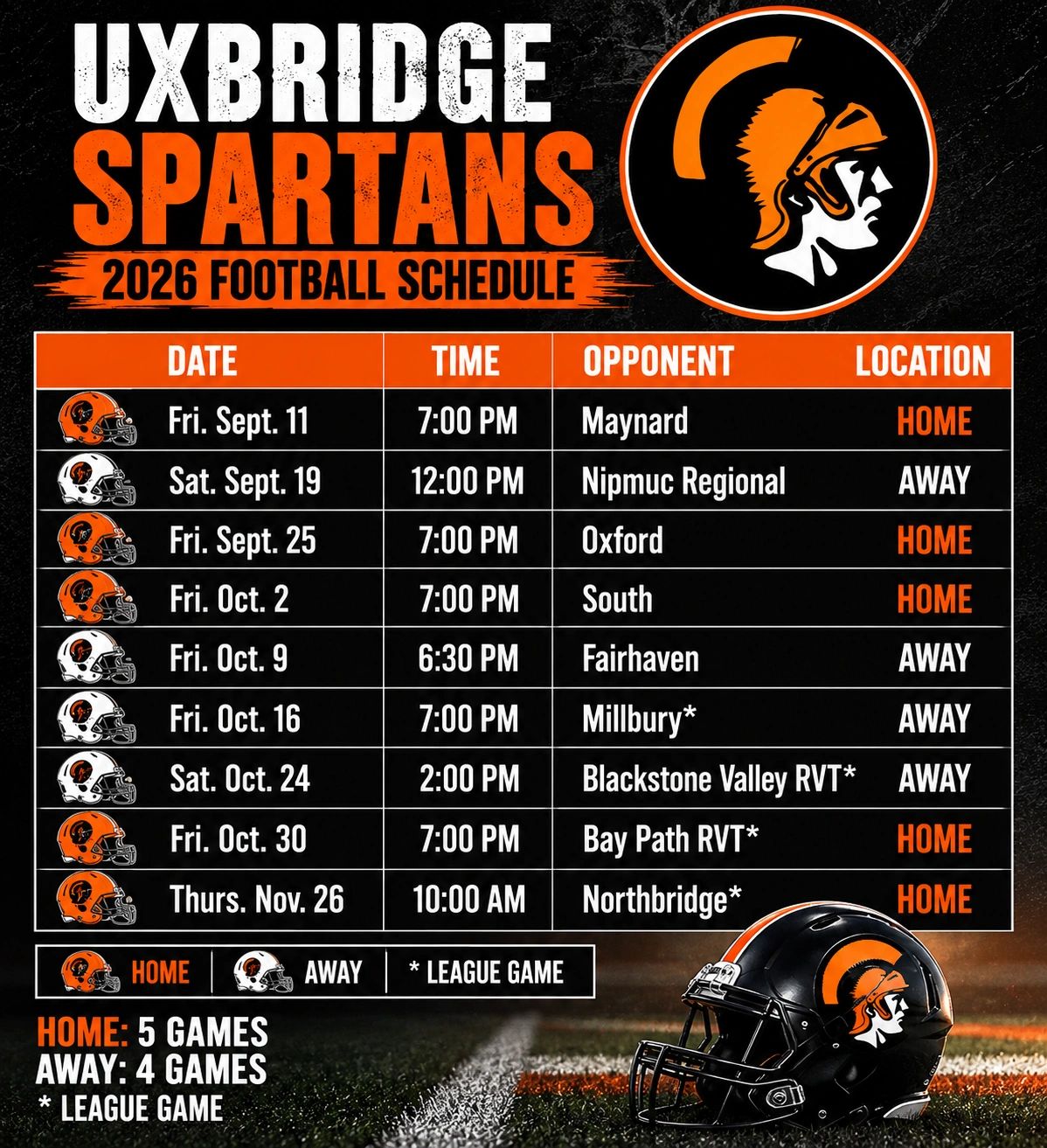 UXBRIDGE SPARTANS 2026 football schedule with dates, opponents, times, and locations.