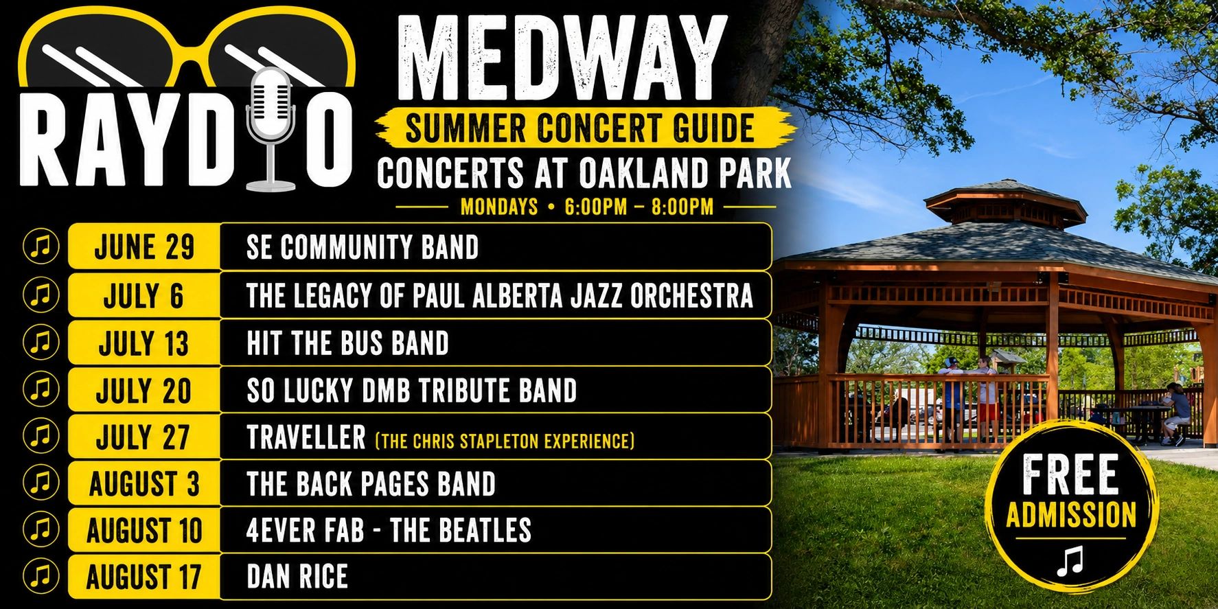 Medway summer concert guide with band schedule and free admission.