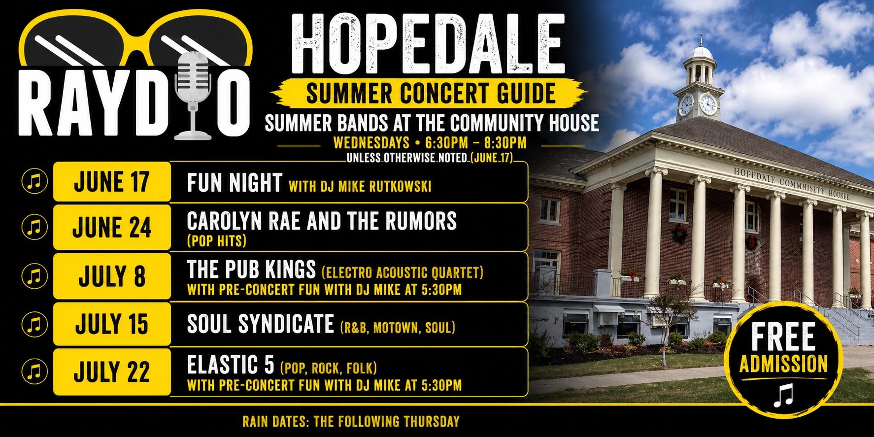 Hopedale summer concert guide with free admission and weekly bands.