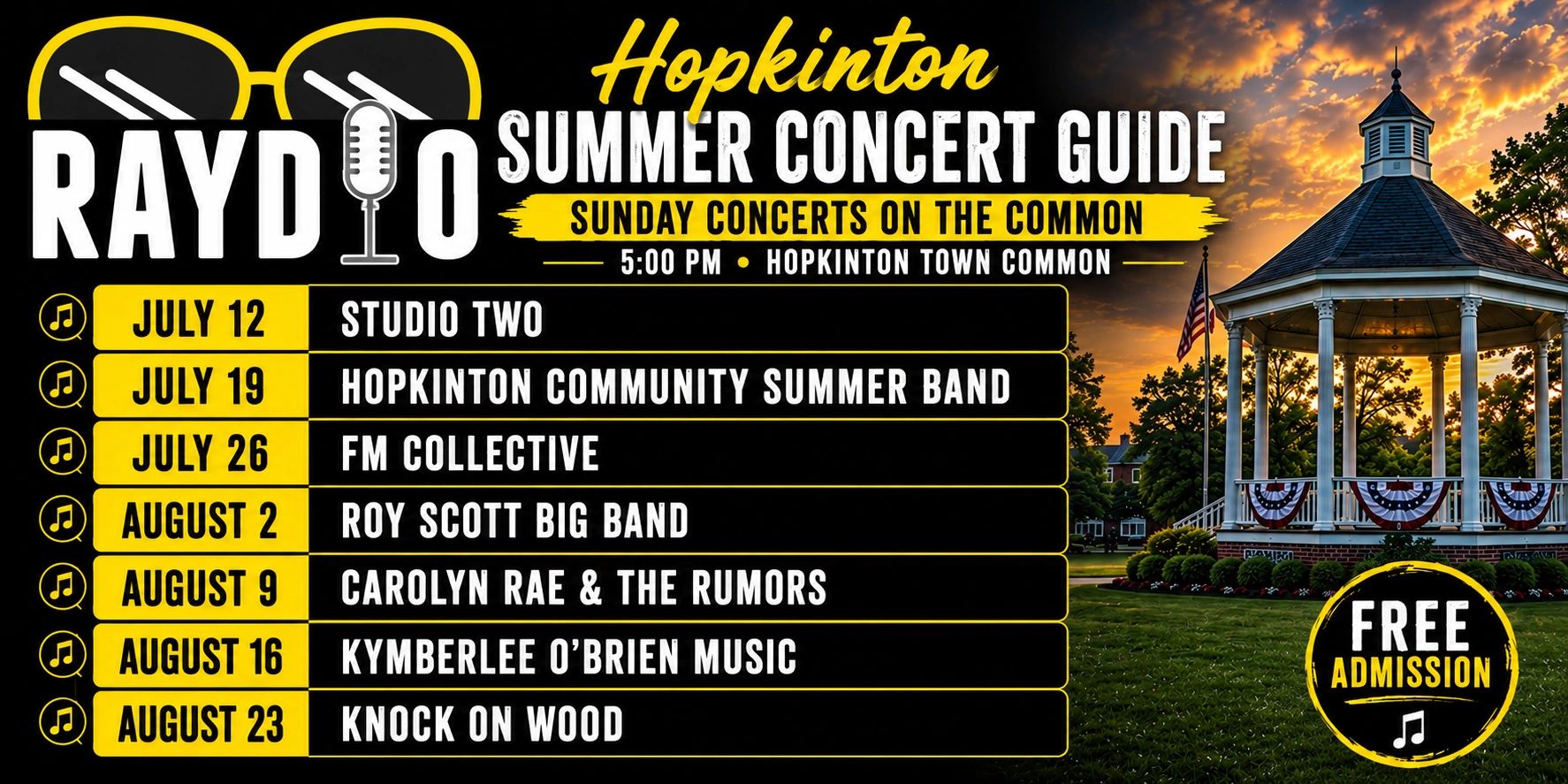 Hopkinton Summer Concert Guide with free Sunday shows at 5 PM.