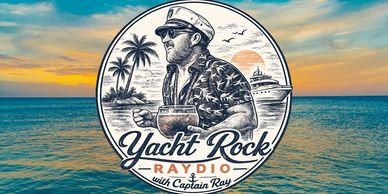 Logo of Yacht Rock Raydio with a captain and tropical background.