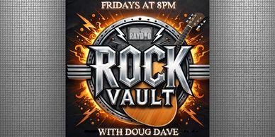 Radio Rock Vault show logo with flames and guitar, airing Fridays at 8 PM.