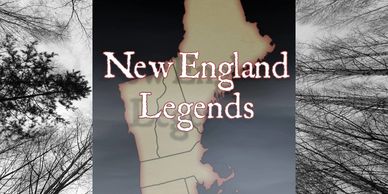 Title slide of New England Legends with a map and tree silhouettes.