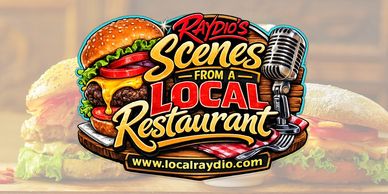 Colorful logo for Raydio's Scenes from a Local Restaurant podcast with burger and microphone.
