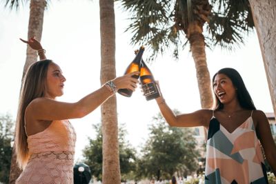 Two party goers doing cheers with bottles 