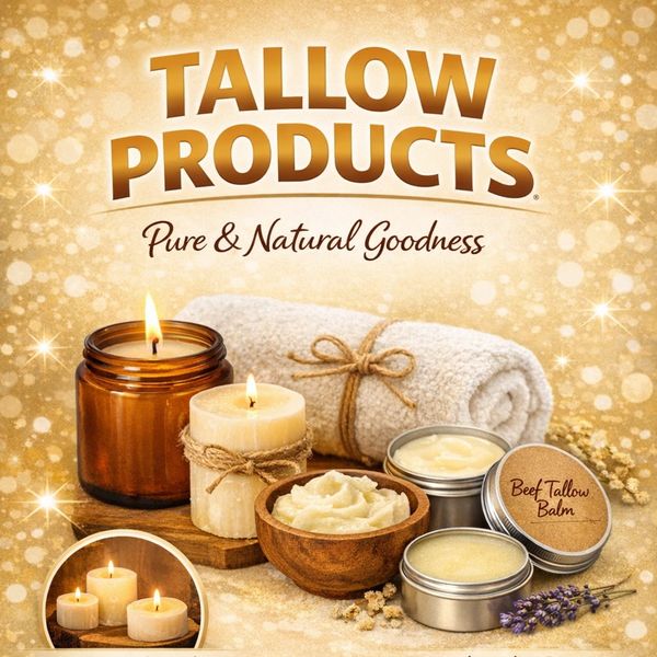 Tallow Products featuring natural candles and beef tallow balm with a cozy, spa-like setting.