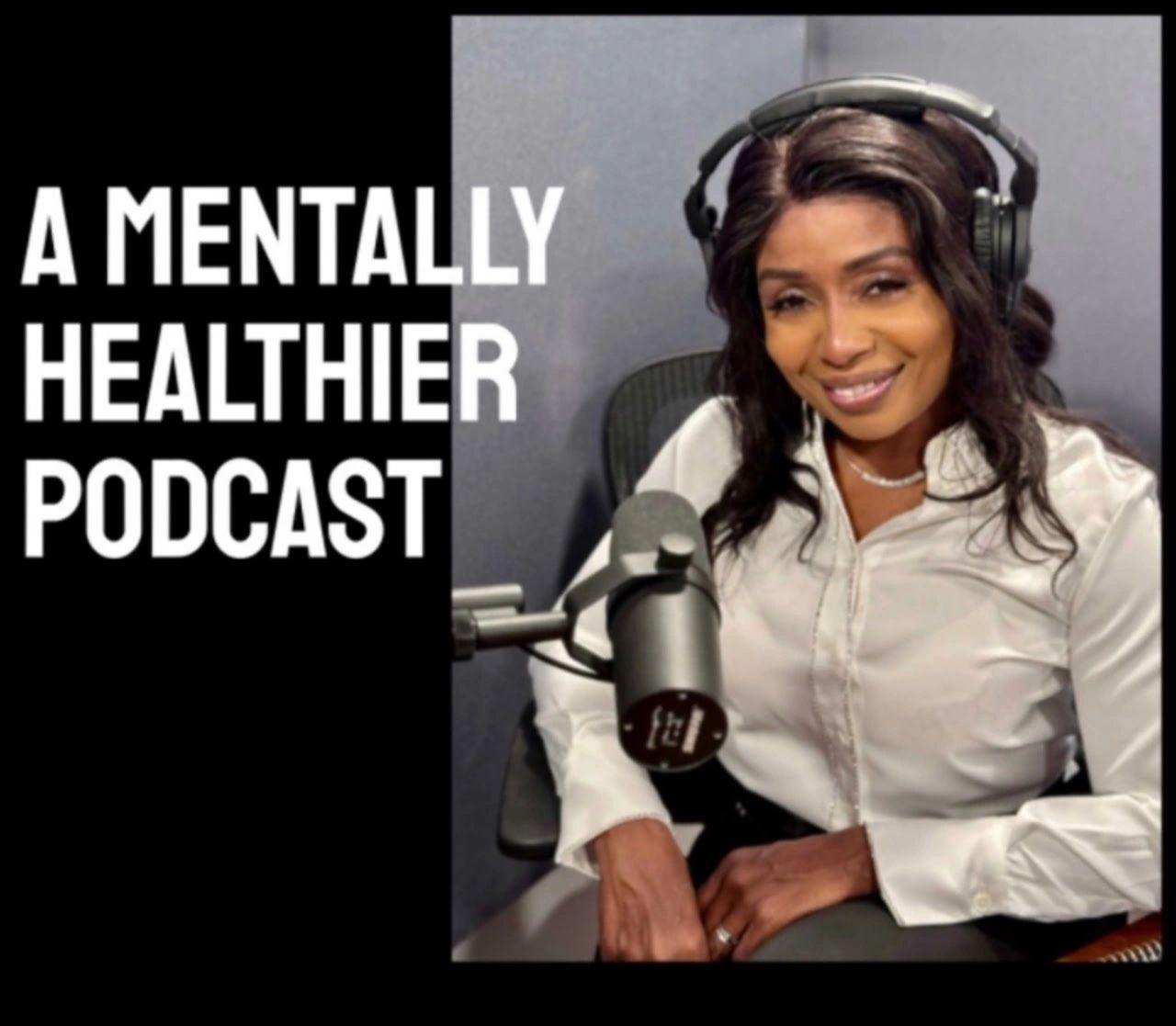 Woman hosting a podcast with headphones and microphone.