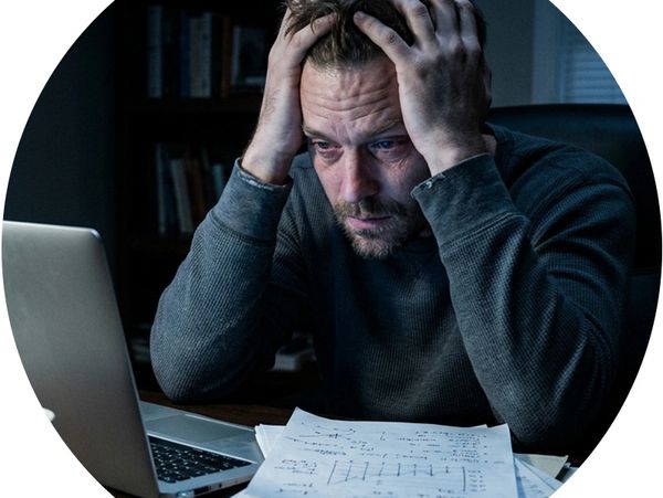 Stressed man holding his head while looking at a laptop and papers.