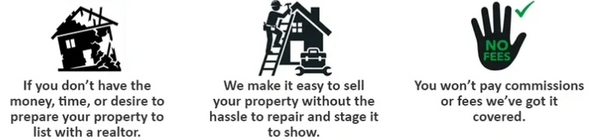 Three icons explaining easy property selling without fees or repairs.