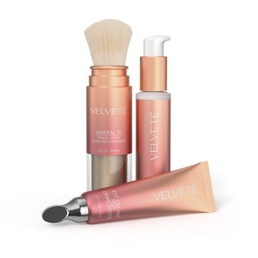 Group of 3 products with a brush, pump and applicator tube for beauty products