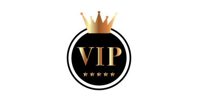 Golden VIP emblem with a crown and five stars on black background.