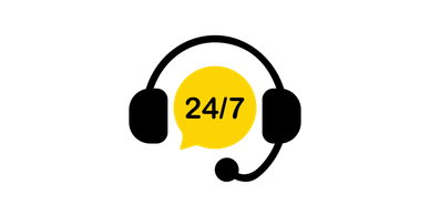 Yellow chat bubble with '24/7' text and headphones icon for continuous support.