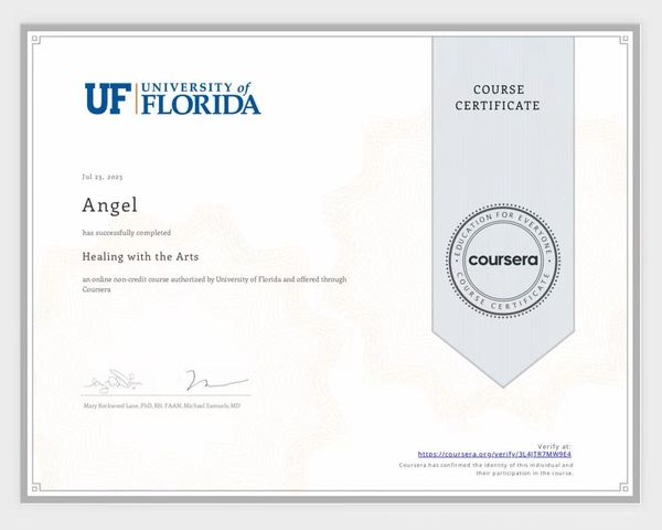 University of Florida certificate for Healing with the Arts course on Coursera.