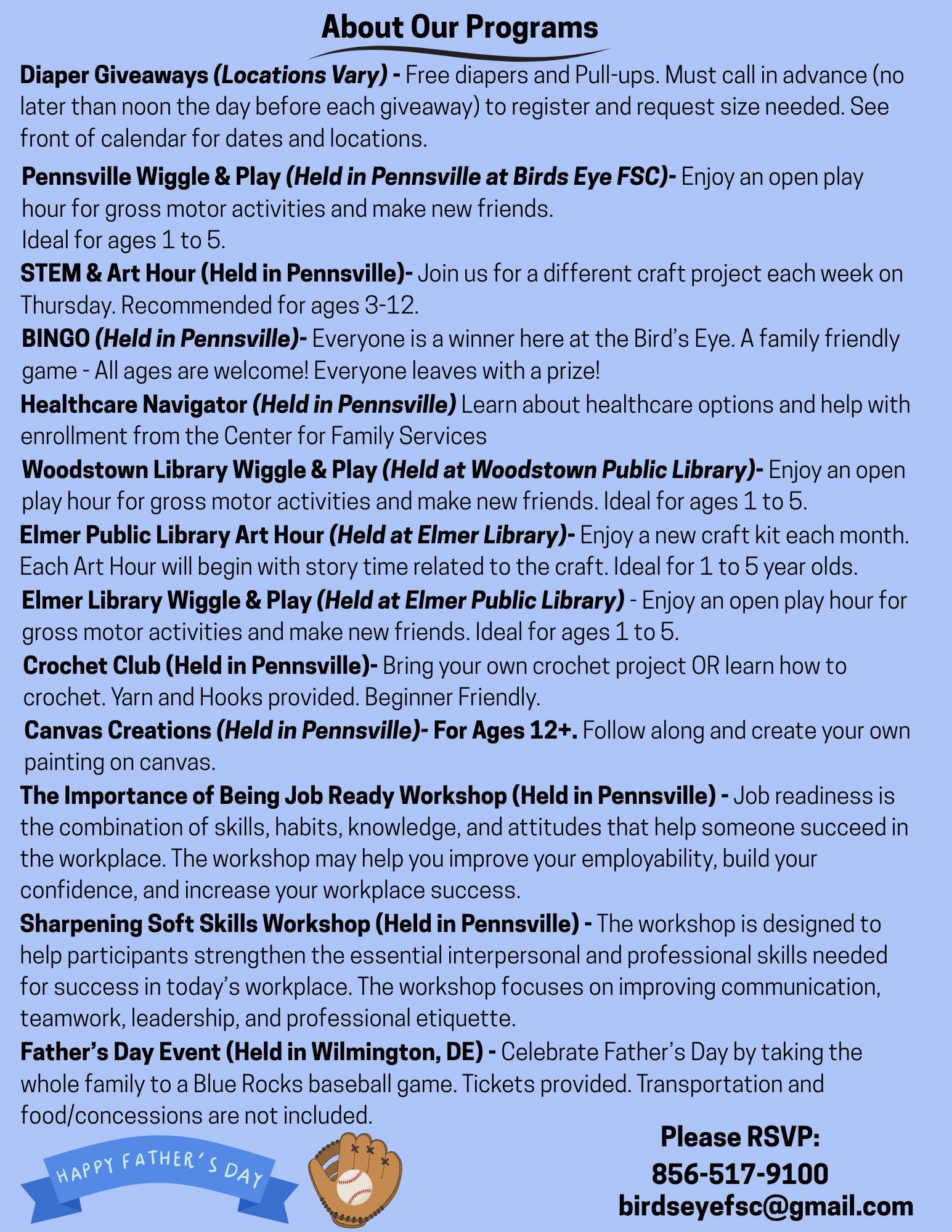 Summary of community programs including diaper giveaways, play hours, workshops, and special events with RSVP details.