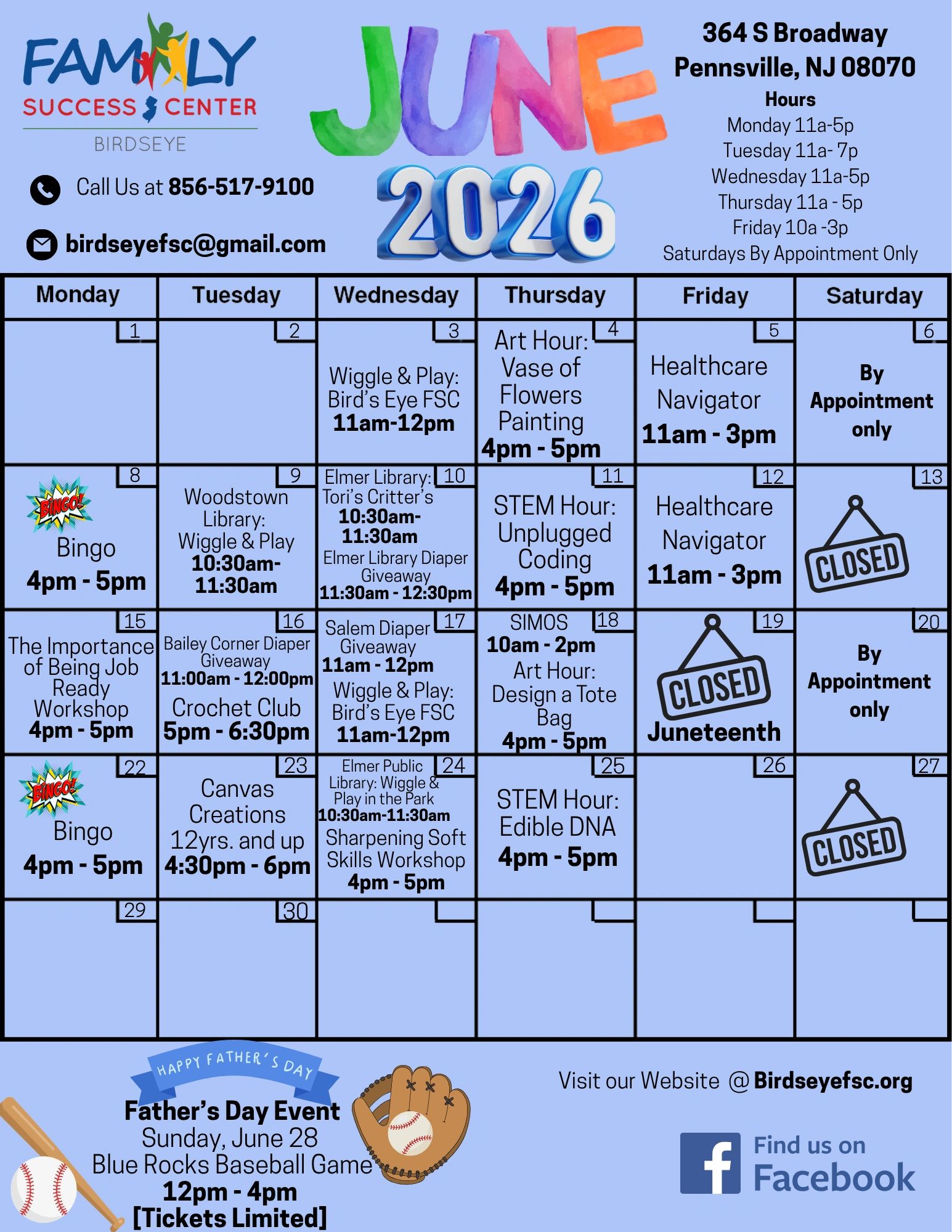 June 2026 calendar with Family Success Center events and hours in Pennsville, NJ.