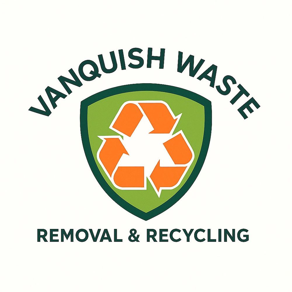 Logo for Vanquish Waste Removal & Recycling with a green shield and orange recycling symbol.