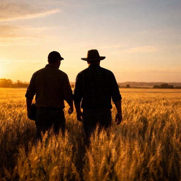 Two farmers walking through a golden wheat field at sunset.