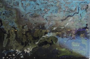 Abstract painting with dark and blue tones creating a mysterious atmosphere.