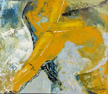 Abstract painting with dominant yellow and blue tones.