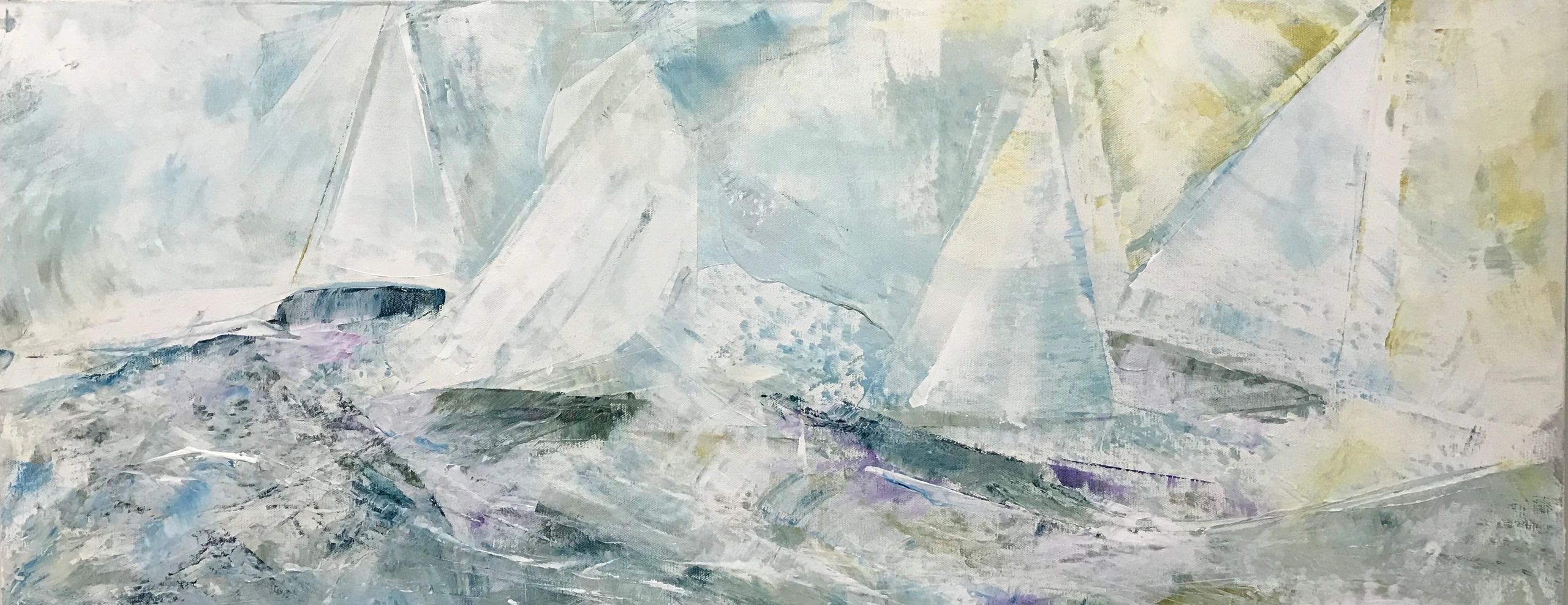 Abstract painting of sailboats on water with soft, muted colors.