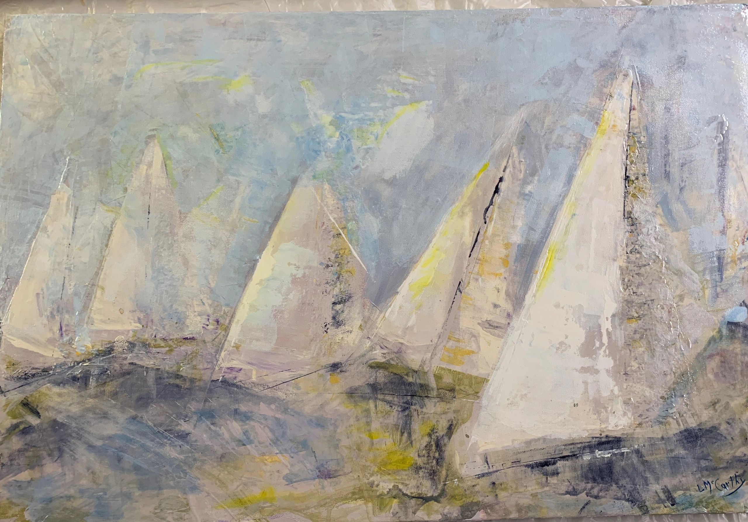 Abstract painting of sailboats with muted pastel tones.