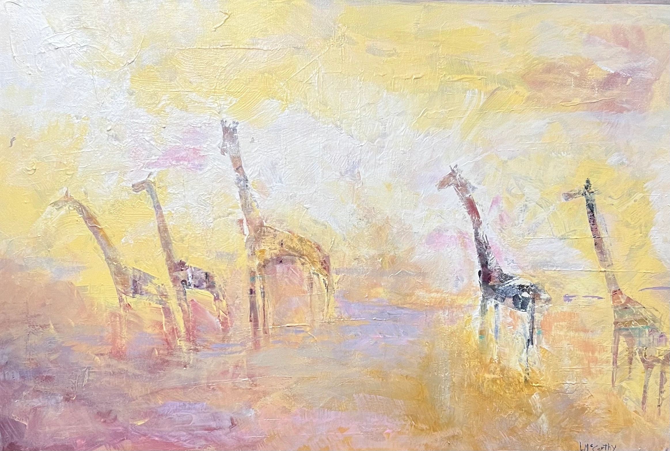 Impressionistic painting of giraffes in soft pastel hues.