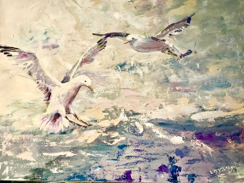 Painting of two seagulls flying over a textured sea.