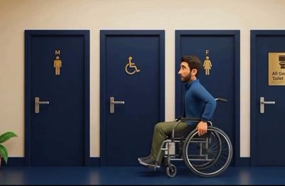 Man in wheelchair outside accessible restroom door.