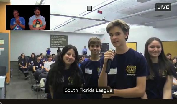 Students from South Florida League speaking live during an event.