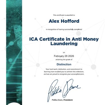 Certificate awarded to Alex Hofford for Anti Money Laundering achievement.