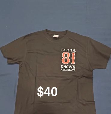 Black T-shirt with 'EAST T.O. 81 KNOWN ASSOCIATE' print and $40 price.