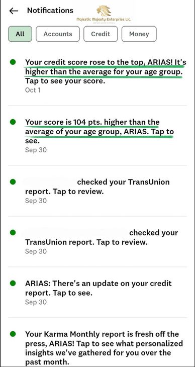 Notifications about credit score updates and reports from a financial app.