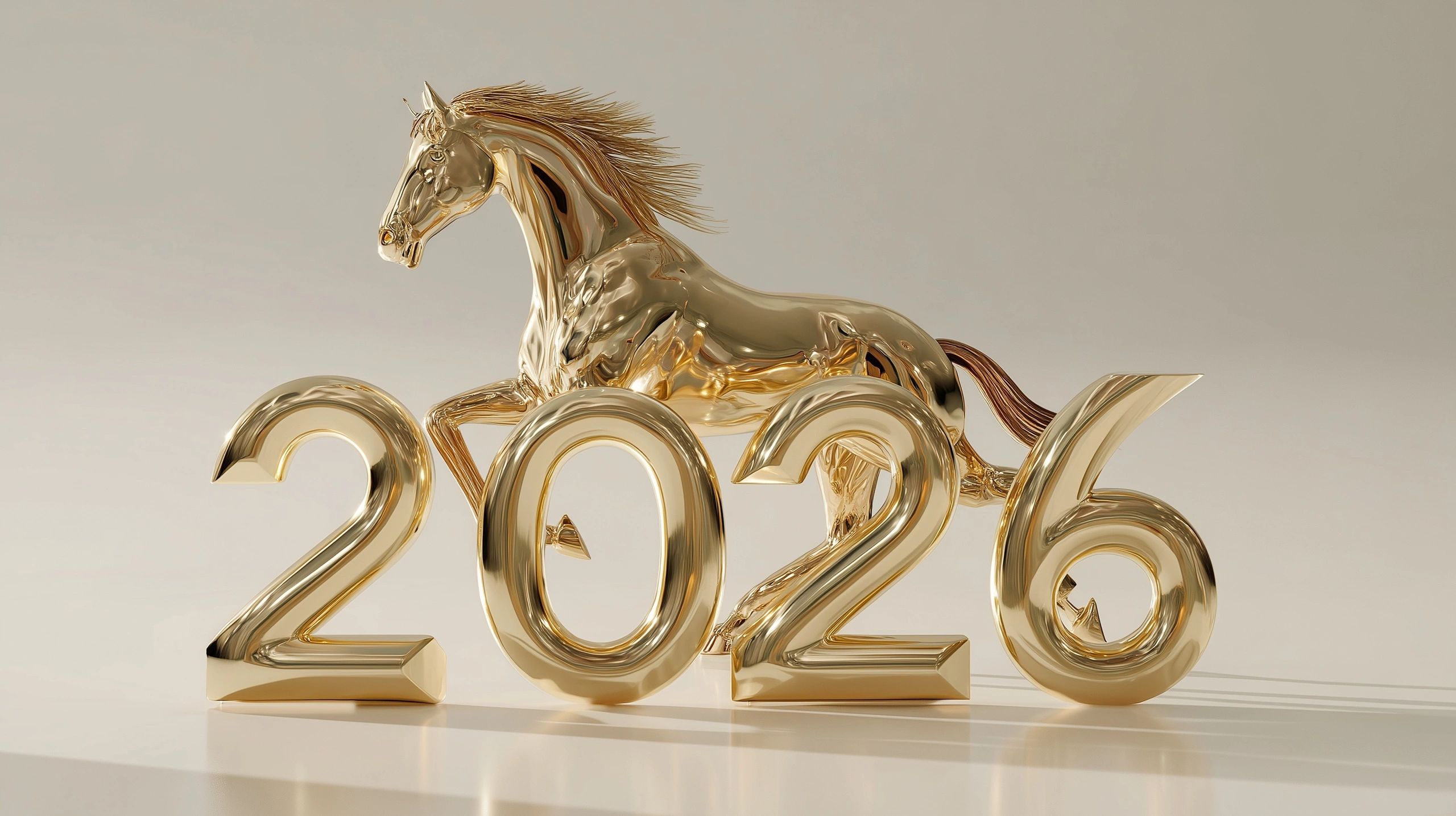 Golden horse sculpture with 2026 numbers.