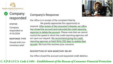 Company responded to consumer complaint by closing account and instructing credit agencies to delete it.