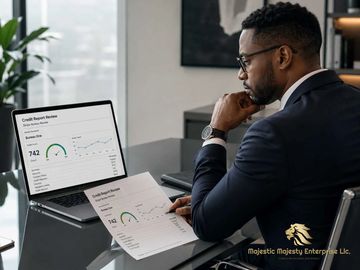 Man analyzing credit report data on laptop and paper in an office.