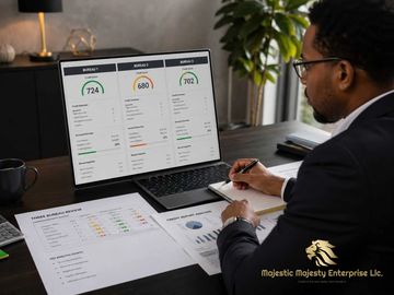 Businessman analyzing credit scores and financial reports at his desk.