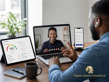 Man video conferencing with credit score displayed on tablet.